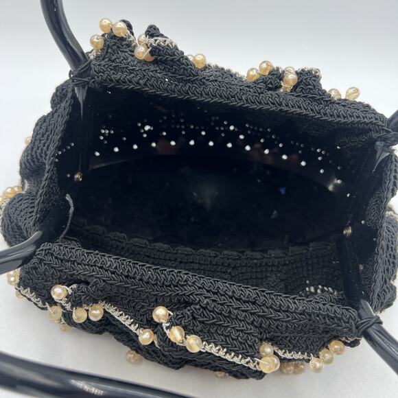 Vintage Hand Crocheted Beaded Purse 9" Lucite Handle Black Silver Hard Bottom - Picture 7 of 8